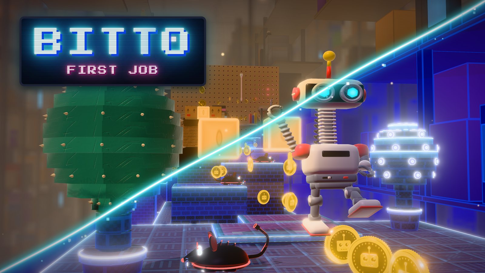 The Bitto's First Job cover. A little white and red robot with big round lens eyes walks past spinning gold coins. The picture is split down a glowing line: on the left a dusty stockroom with a cardboard plant, on the right the same room as a neon blue level. A glowing sign reads Bitto, First Job.